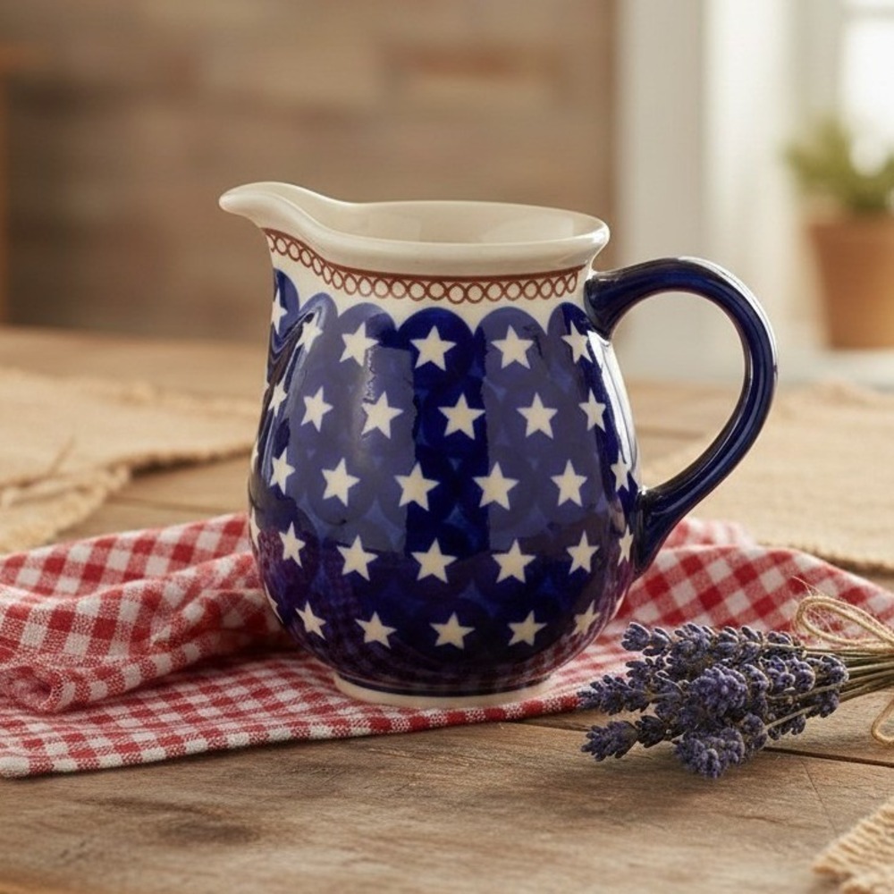 Red, White, & Blue Star Pitcher 6" Handcrafted Boleslawiec Polish Pottery
